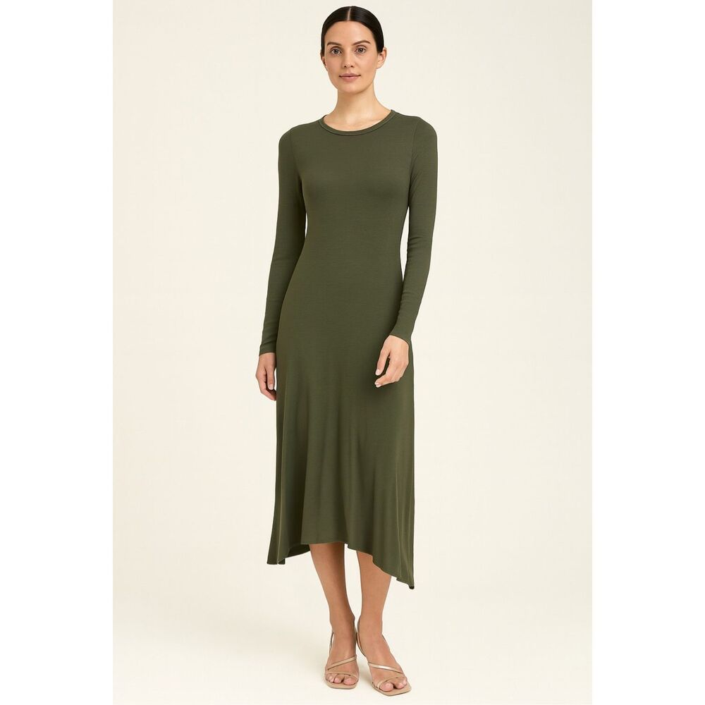 Aritzia Wilfred Free Bodycon Asymmetrical Long Sleeve Midi Dress XXS Olive Green